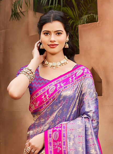 Sangam Prints Purple Kanjivaram Silk Woven Work Traditional Saree | Grocsy