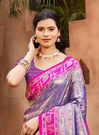 Sangam Prints Purple Kanjivaram Silk Woven Work Traditional Saree | Grocsy