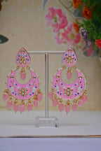 Gold-Polished Brass & Pearl Dangle Women Baby Pink Hand Painted Meenakari Chandbali Earrings By House of Ree - House of Ree