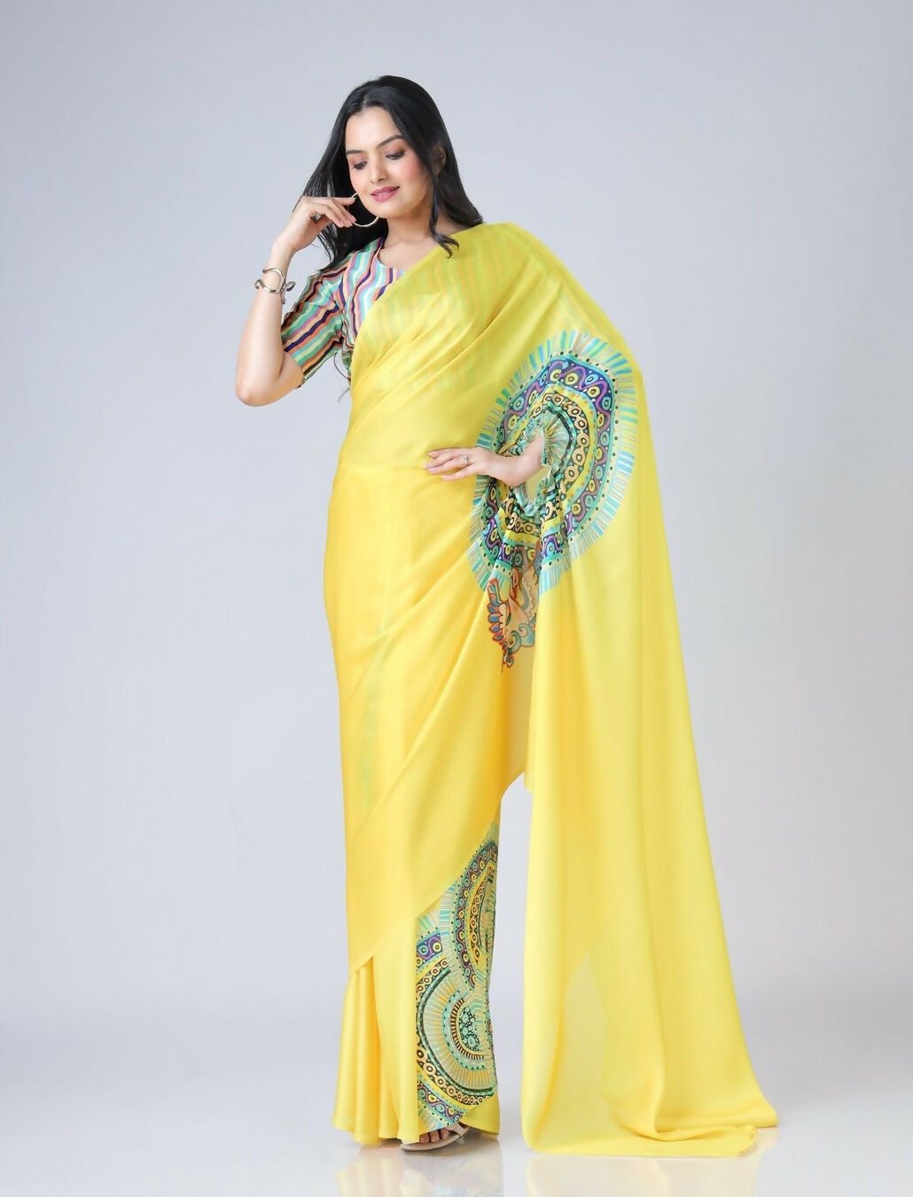 Vastranavya Yellow Ready to Wear Swan Print Free Hand Saree | Grocsy