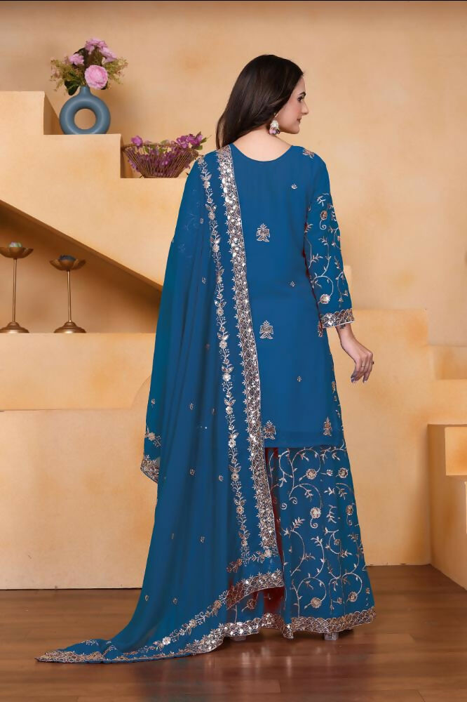 Lehenga Mart Designer Sharara Suit With Kurta, Sharara, Dupatta For Women-Teal Blue | Grocsy