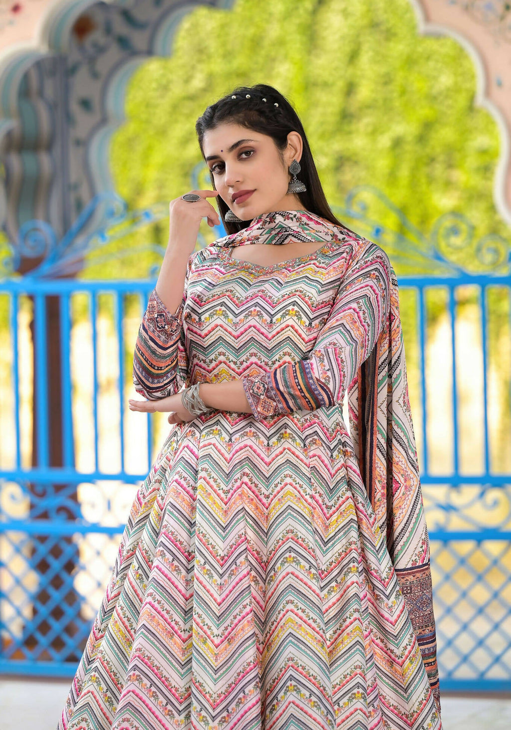 Functional Designer Off White-Muliti Dola Silk Anarkali suit with Dupatta - Ramya | Grocsy