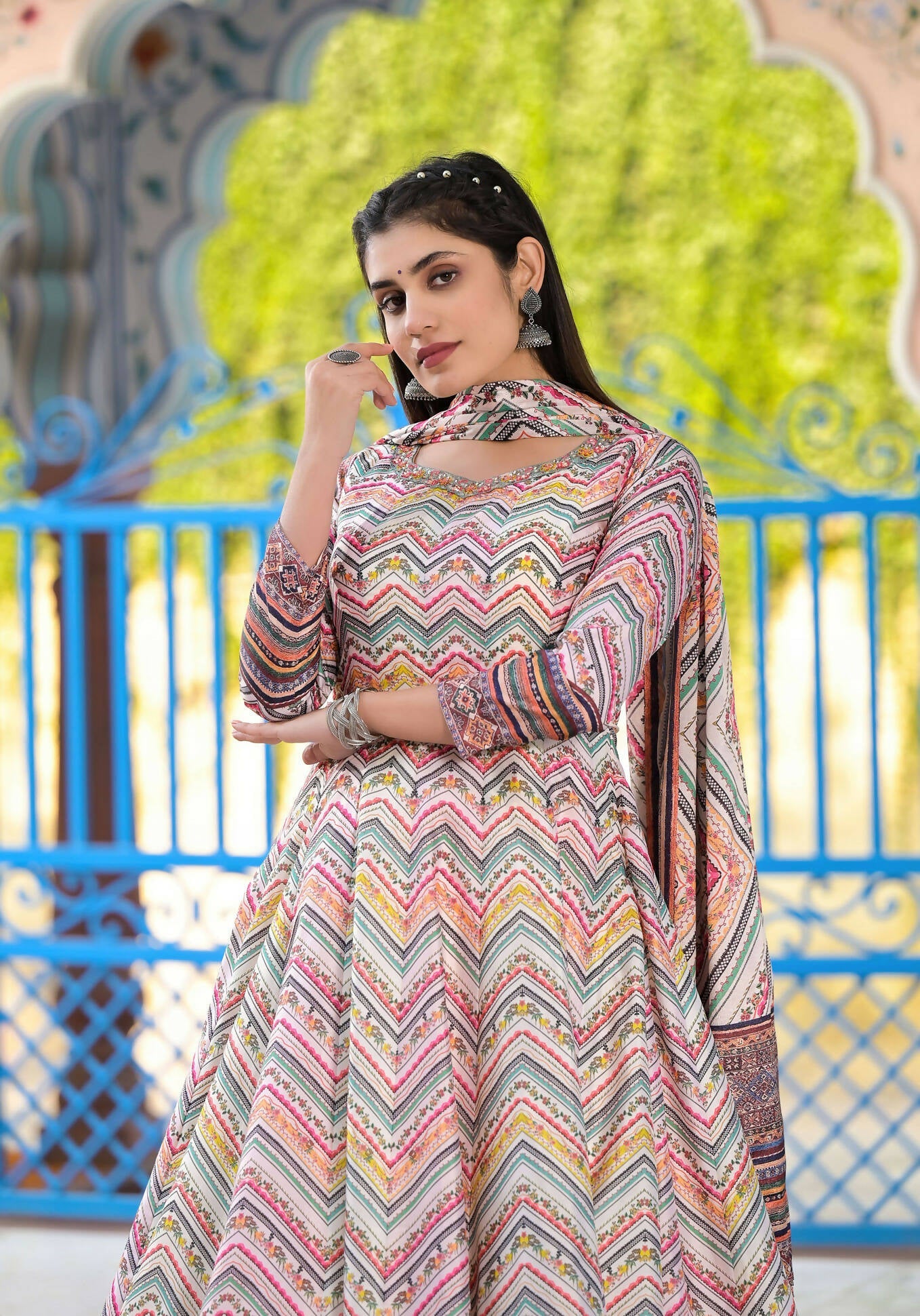 Functional Designer Off White-Muliti Dola Silk Anarkali suit with Dupatta - Ramya | Grocsy