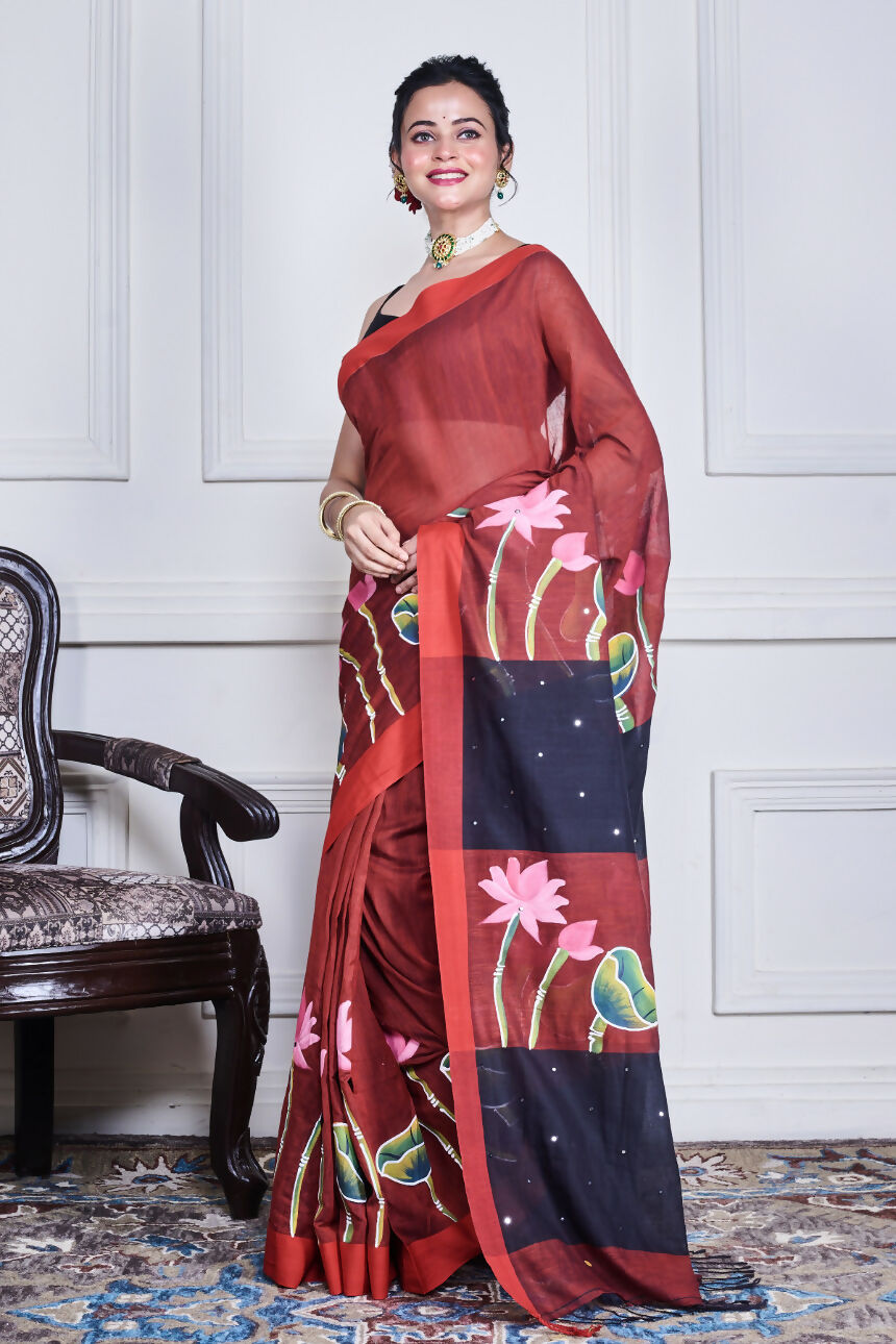 Morchari Multicolour Cotton Handloom Mirror Work Saree Unstitched Blouse | Grocsy