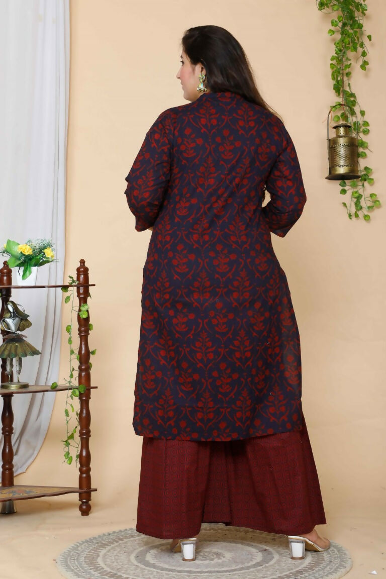 Miravan Women's Maroon Plus Size Floral Pure Cotton Kurta With Sharara And Dupatta Set | Grocsy