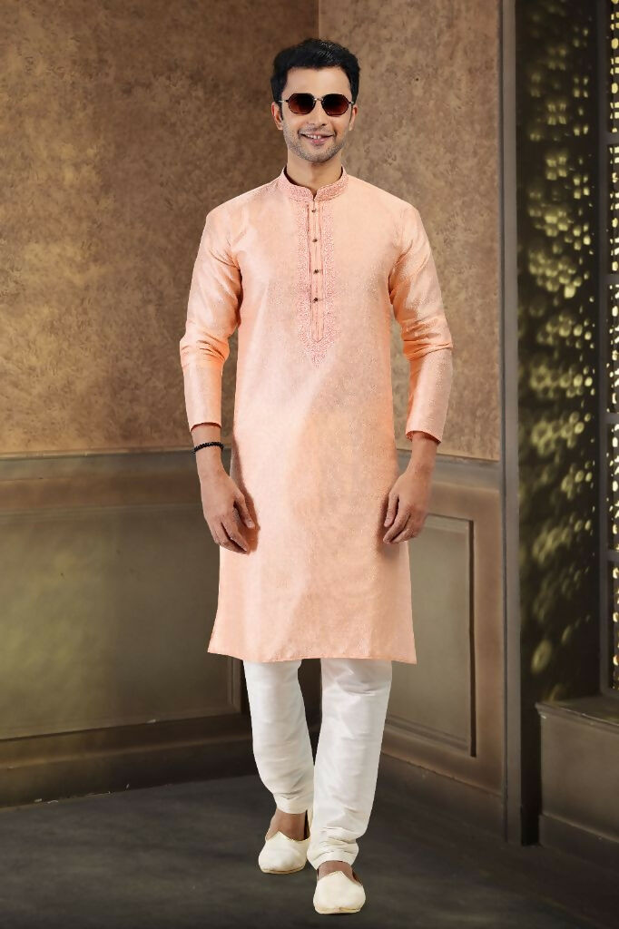 Raivat Ethnic Jacquard Banarasi Silk Thread Work Kurta Pajama In Peach Colour | Grocsy