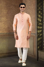 Raivat Ethnic Jacquard Banarasi Silk Thread Work Kurta Pajama In Peach Colour | Grocsy