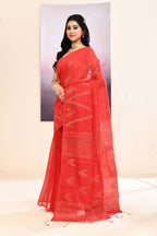 Piyari Fashion Women's Red Embellished Cotton Blend Jamdani Saree | Grocsy