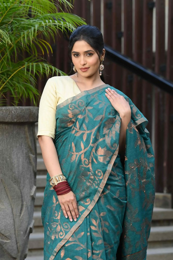 Beatitude Green Cotton Floral Jamdani Saree | Grocsy