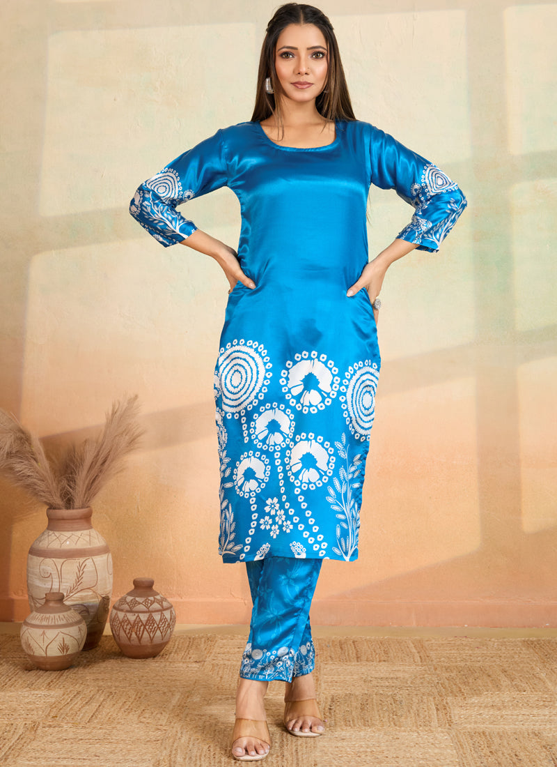 Prazu Fashion Sky Blue Printed Cotton Reyon Kurta Pant Set | Grocsy