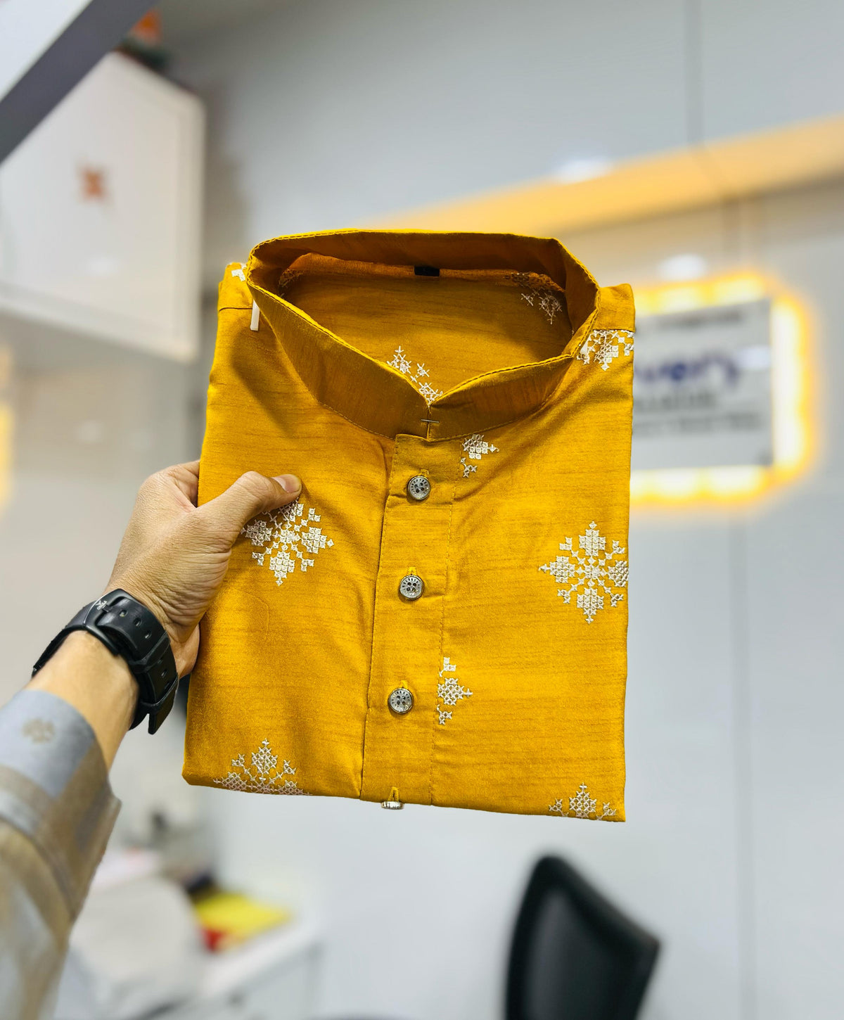 Neera Trendz Mustard Soft Parbon Silk Embroidered Men's Kurta Pyjama | Grocsy