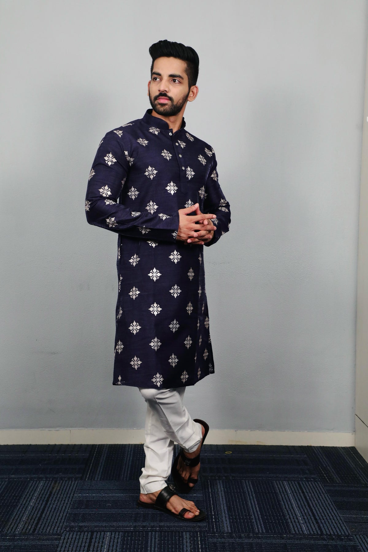 Neera Trendz Navy Blue Soft Parbon Silk Embroidered Men's Kurta Pyjama | Grocsy