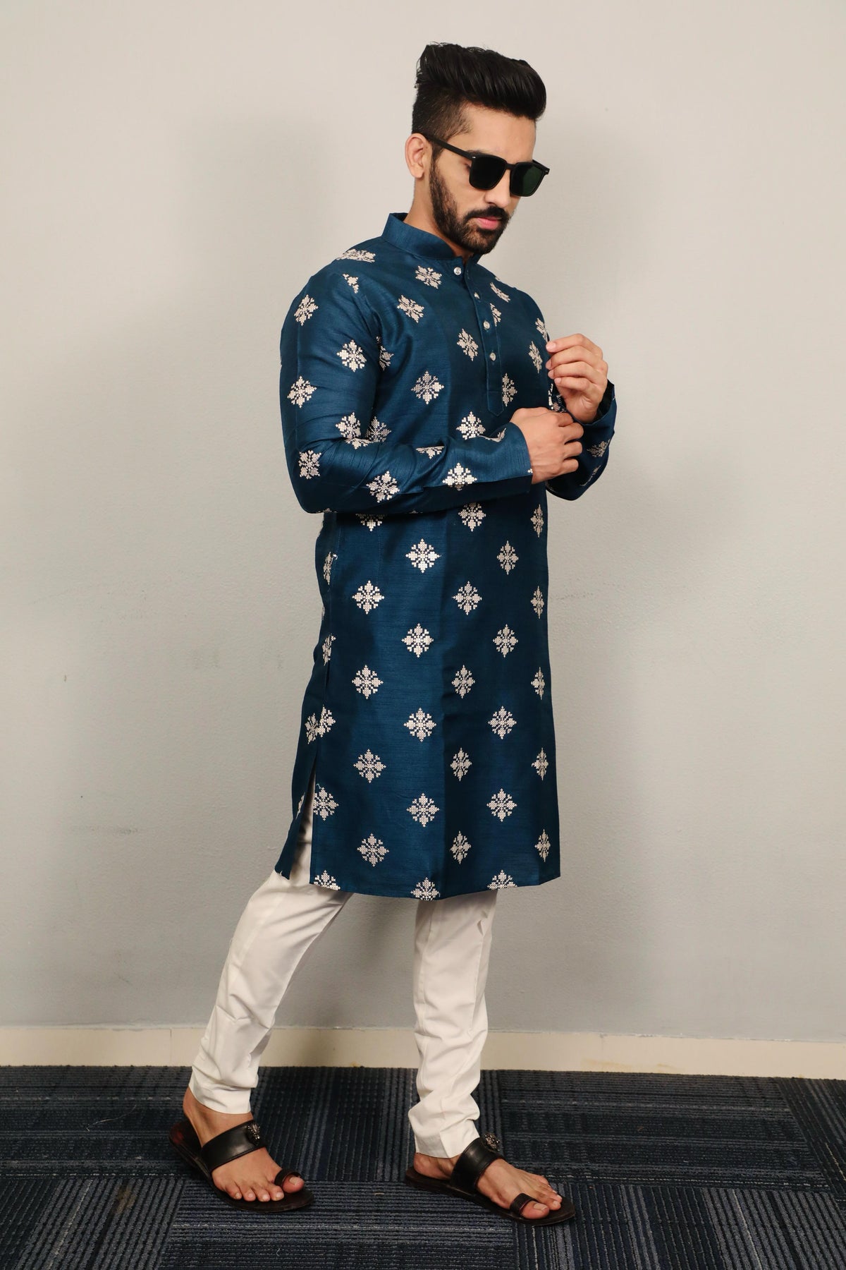 Neera Trendz Teal Soft Parbon Silk Embroidered Men's Kurta Pyjama | Grocsy