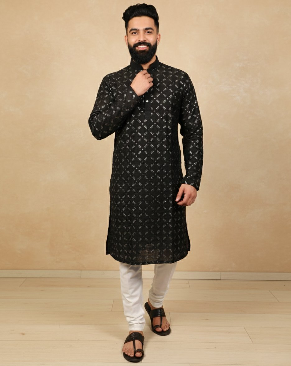 Neera Trendz Black Heavy Soft Silk Mirror Work Men's Kurta Pyjama | Grocsy