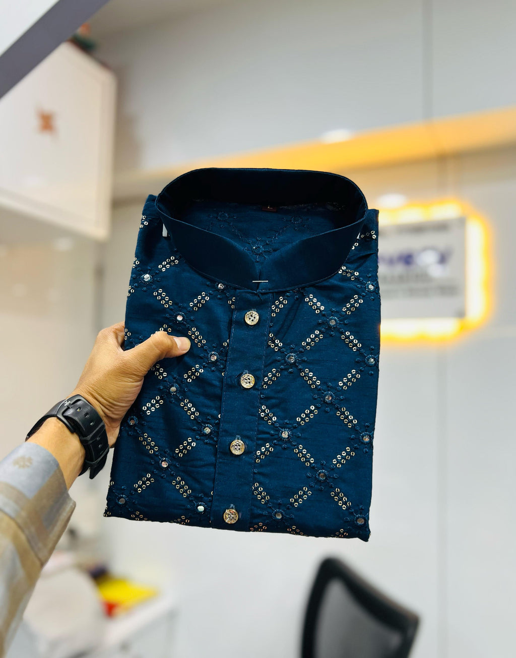 Neera Trendz Navy Blue Heavy Soft Silk Mirror Work Men's Kurta Pyjama | Grocsy