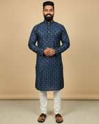 Neera Trendz Navy Blue Heavy Soft Silk Mirror Work Men's Kurta Pyjama | Grocsy