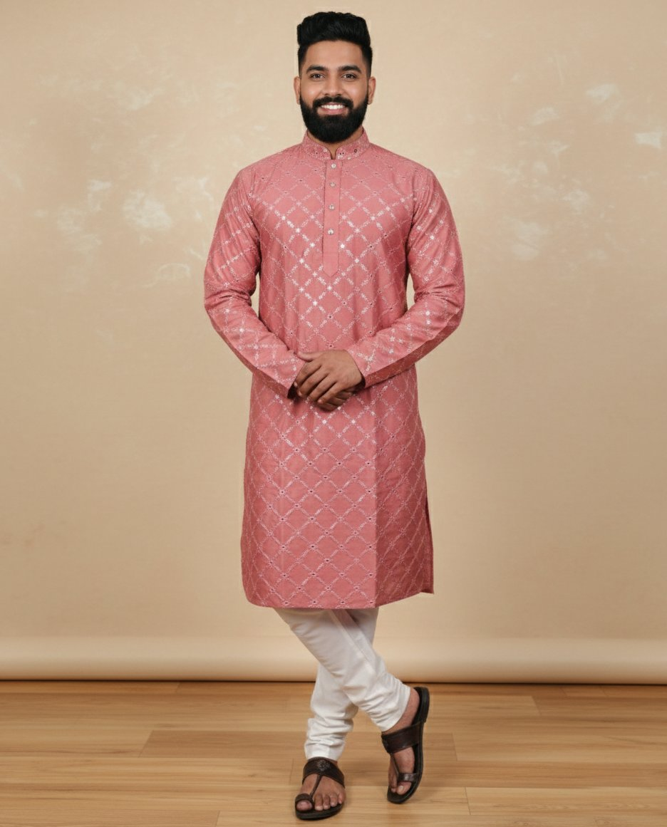Neera Trendz Pink Heavy Soft Silk Mirror Work Men's Kurta Pyjama | Grocsy
