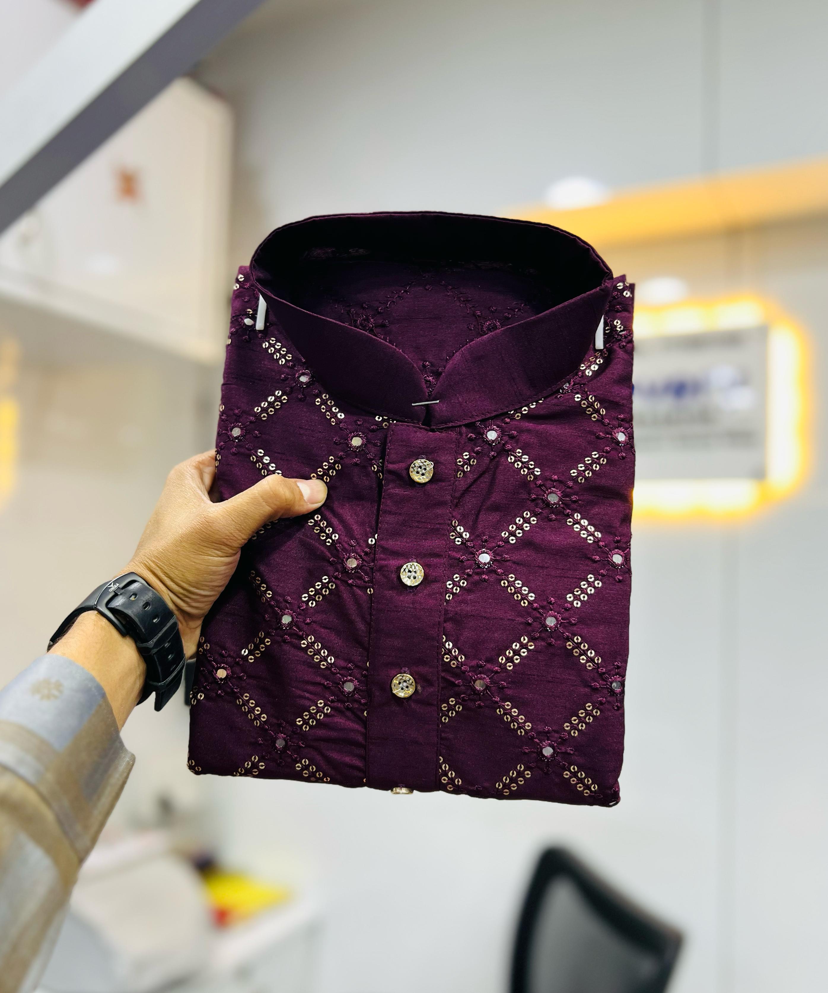 Neera Trendz Wine Heavy Soft Silk Mirror Work Men's Kurta Pyjama | Grocsy