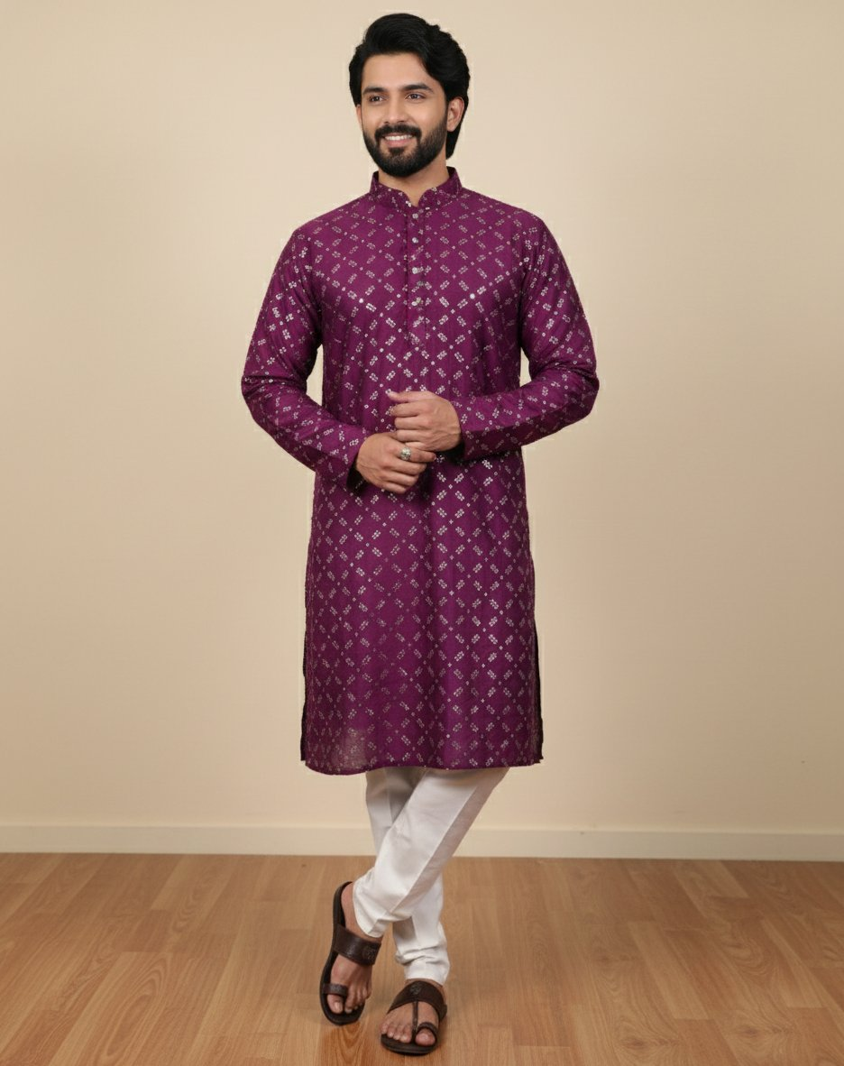 Neera Trendz Wine Heavy Soft Silk Mirror Work Men's Kurta Pyjama | Grocsy