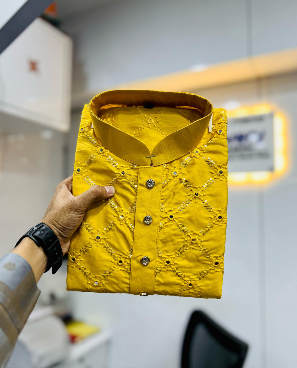 Neera Trendz Yellow Heavy Soft Silk Mirror Work Men's Kurta Pyjama | Grocsy