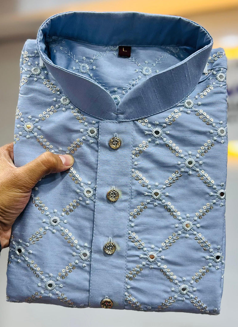 Prazu Fashion Sky Blue Silk Sequence Work Kurta With Pajama | Grocsy