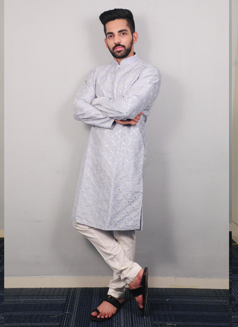 Prazu Fashion Sky Blue Silk Sequence Work Kurta With Pajama | Grocsy