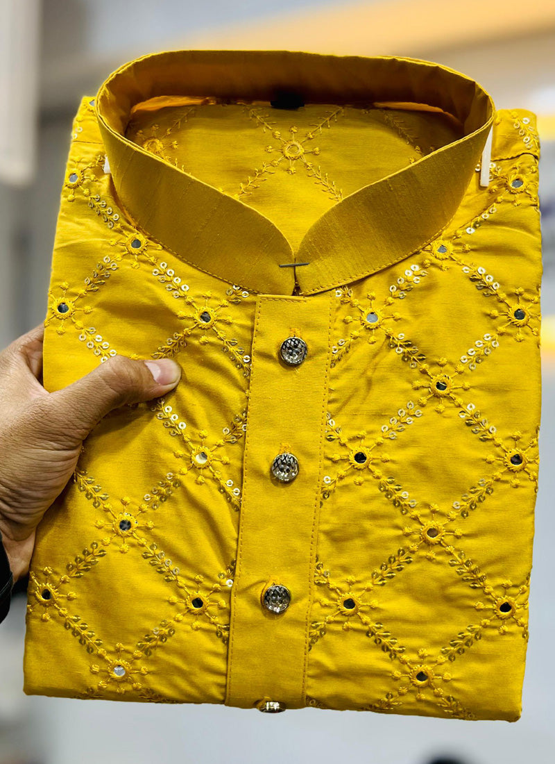 Prazu Fashion Yellow Silk Sequence Work Kurta With Pajama | Grocsy
