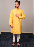 Prazu Fashion Yellow Silk Sequence Work Kurta With Pajama | Grocsy