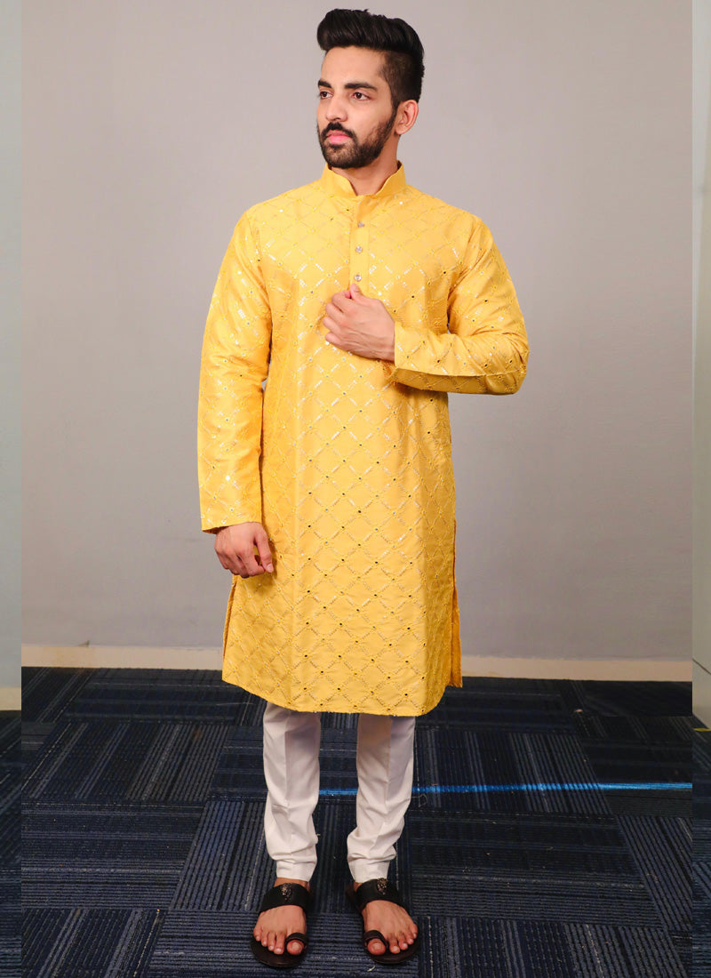 Prazu Fashion Yellow Silk Sequence Work Kurta With Pajama | Grocsy