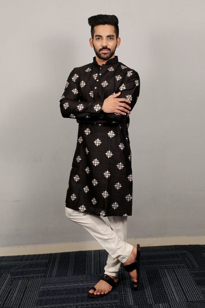 Neera Trendz Black Soft Parbon Silk Embroidered Men's Kurta Pyjama | Grocsy