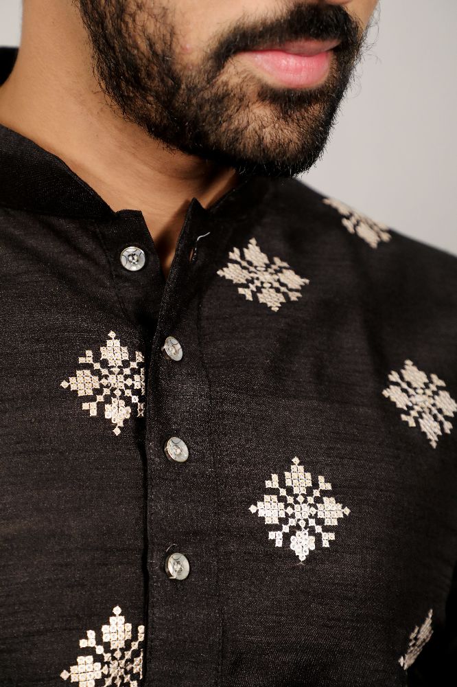 Neera Trendz Black Soft Parbon Silk Embroidered Men's Kurta Pyjama | Grocsy