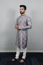 Neera Trendz Grey Soft Parbon Silk Embroidered Men's Kurta Pyjama | Grocsy