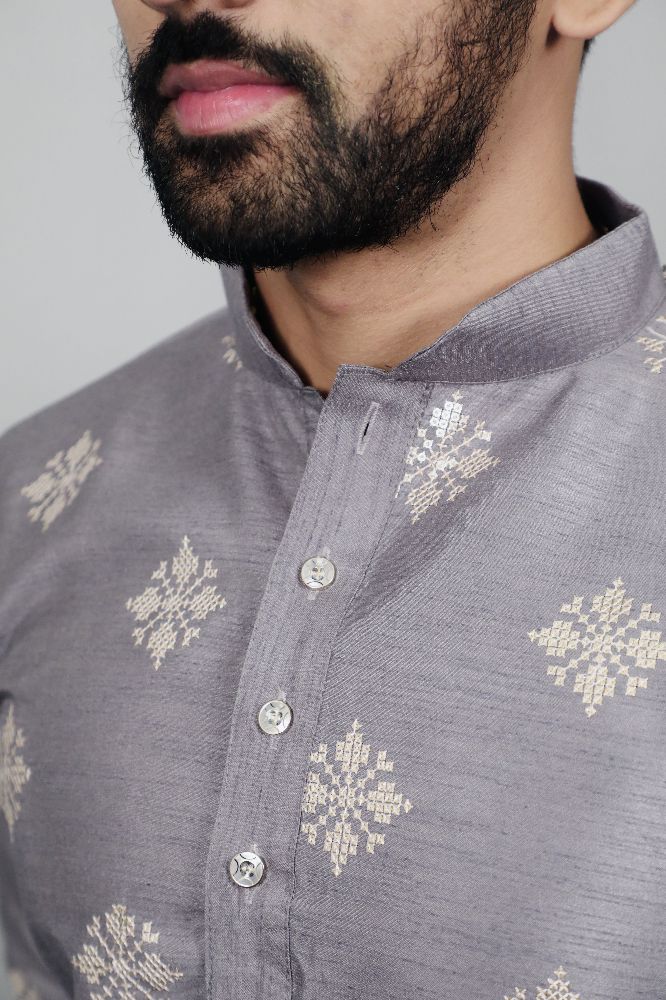 Neera Trendz Grey Soft Parbon Silk Embroidered Men's Kurta Pyjama | Grocsy