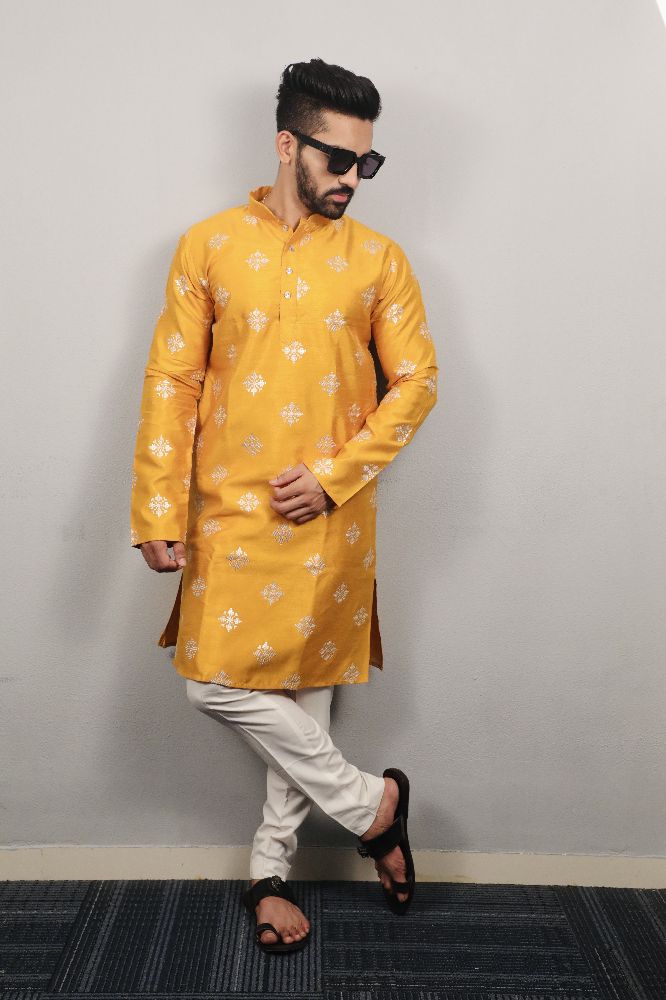 Neera Trendz Mustard Soft Parbon Silk Embroidered Men's Kurta Pyjama | Grocsy