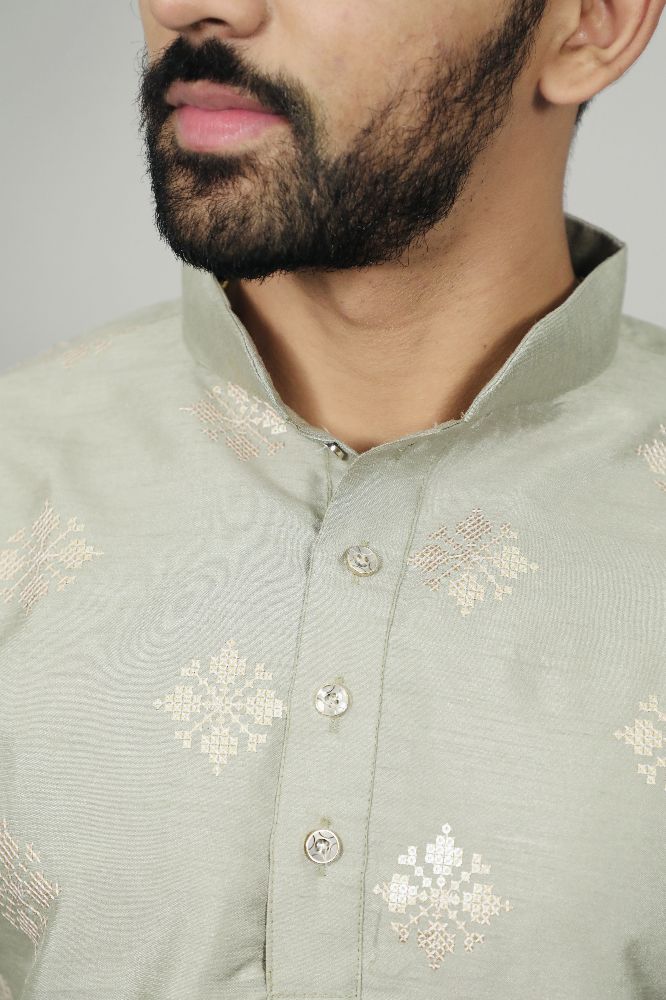 Neera Trendz Olive Soft Parbon Silk Embroidered Men's Kurta Pyjama | Grocsy