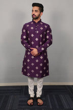 Neera Trendz Violet Soft Parbon Silk Embroidered Men's Kurta Pyjama | Grocsy