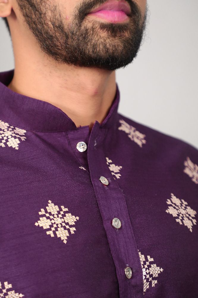 Neera Trendz Violet Soft Parbon Silk Embroidered Men's Kurta Pyjama | Grocsy