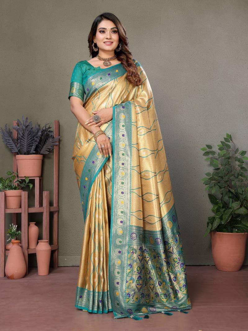 Anaita Golden Tissue Silk With Weaving Saree With Blouse | Grocsy