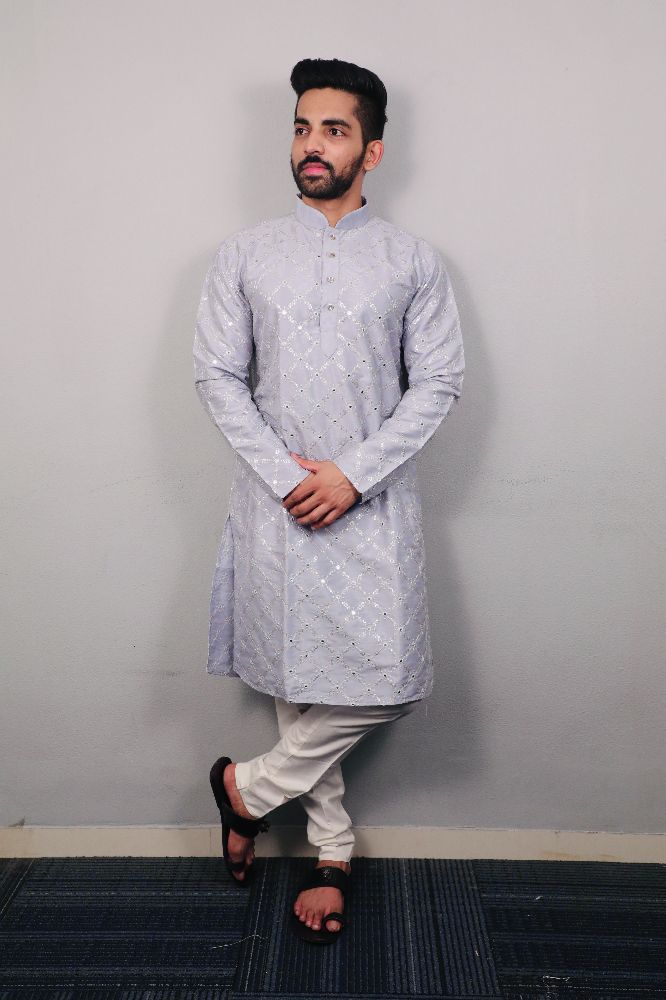 Neera Trendz Light Mauve Heavy Soft Silk Mirror Work Men's Kurta Pyjama | Grocsy