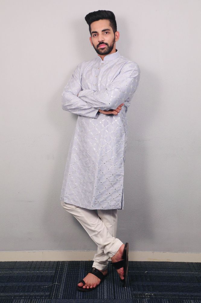 Neera Trendz Light Mauve Heavy Soft Silk Mirror Work Men's Kurta Pyjama | Grocsy