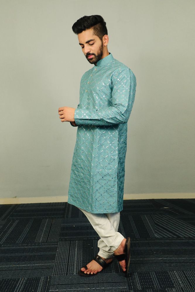 Neera Trendz Light Blue Heavy Soft Silk Mirror Work Men's Kurta Pyjama | Grocsy