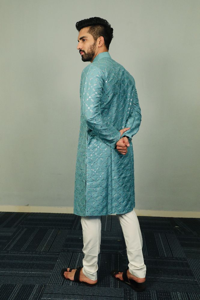 Neera Trendz Light Blue Heavy Soft Silk Mirror Work Men's Kurta Pyjama | Grocsy