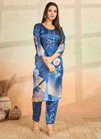 Prazu Fashion Blue Printed Cotton Reyon Kurta Pant Set | Grocsy