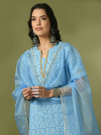 Myshka Women's Blue Printed Cotton Straight Party Kurta Set With Dupatta | Grocsy