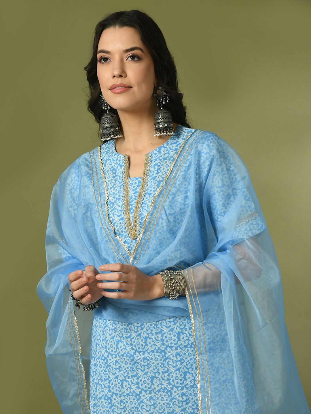Myshka Women's Blue Printed Cotton Straight Party Kurta Set With Dupatta | Grocsy