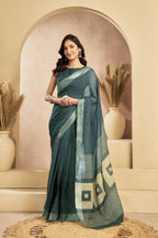 Vastranavya Morpeach Digital Printed Linen Ready To Wear Pocket Saree with Unstitched Blouse | Grocsy