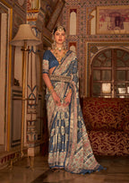 Navy Blue P V Silk Digital Print, Zari Work Printed Saree - Rewaa Parampara | Grocsy