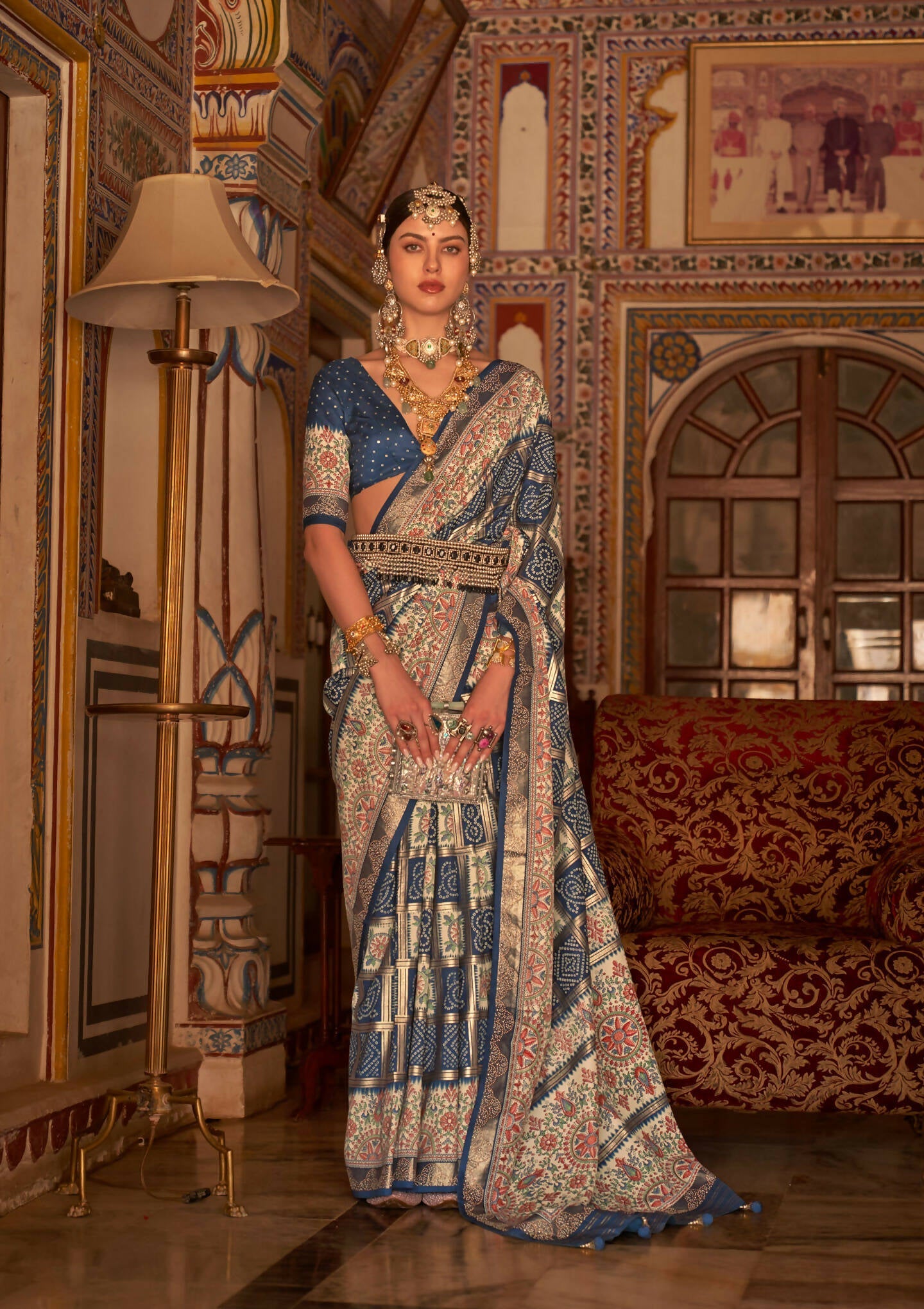 Navy Blue P V Silk Digital Print, Zari Work Printed Saree - Rewaa Parampara | Grocsy