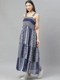 Myshka Navy Blue And White Geometric Printed Maxi Tiered Dress | Grocsy