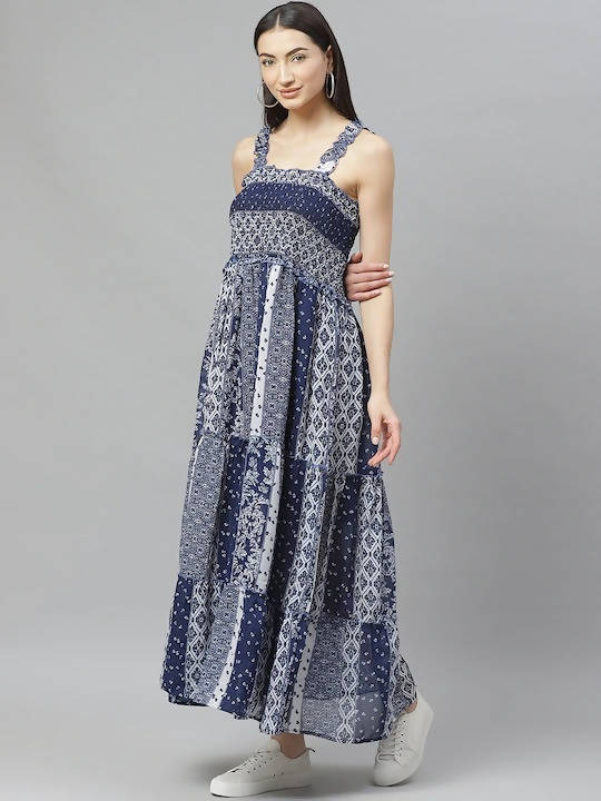 Myshka Navy Blue And White Geometric Printed Maxi Tiered Dress | Grocsy